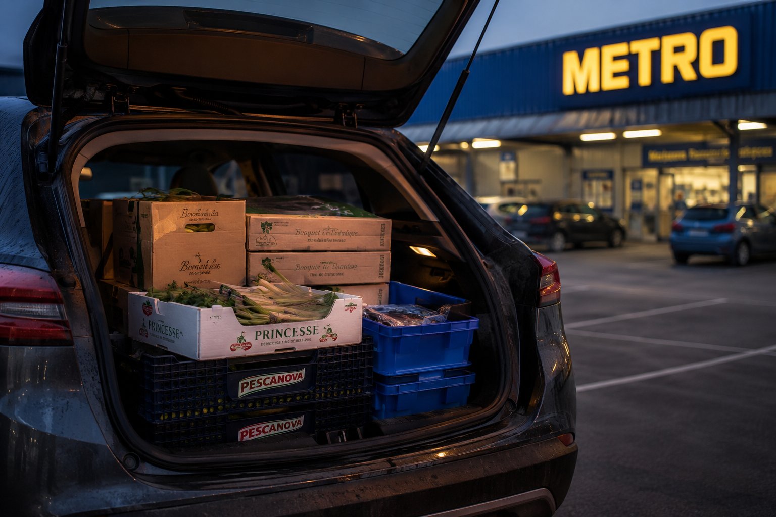 Coffre de voiture chargé de caisses de produits frais devant un Metro au petit matin