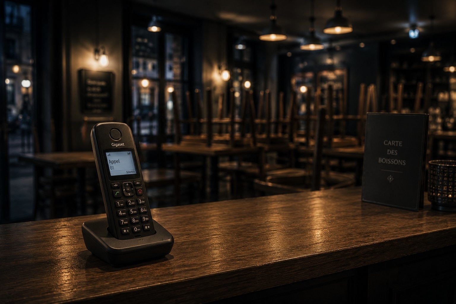 Téléphone qui sonne sur le comptoir d'un bistrot fermé